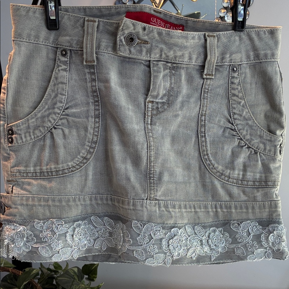GUESS Altered Light Gray Mini Skirt with Silver Floral Detail